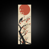 Blackbird Perched On A Branch Under The Red Sun In Japanese Style Ukiyo-e Art Framed Canvas Print Skinny Art Tall Art