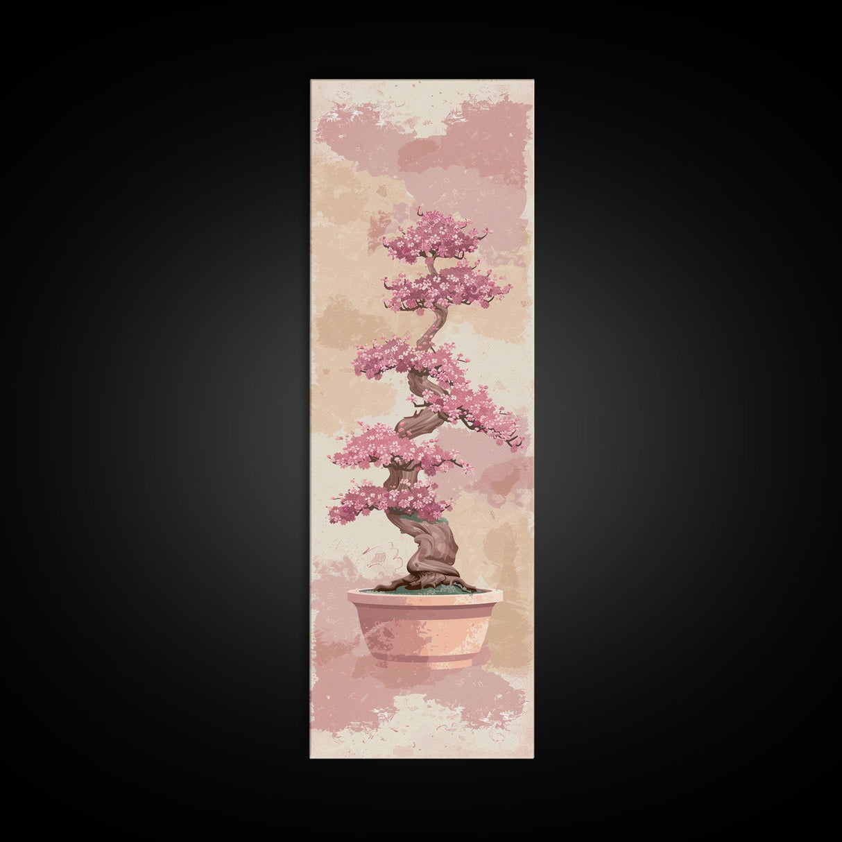 Tall Skinny Art Japanese Style Wood Block Print Potted Bonsai Tree On A Textured Background In Ukiyo-e Style For Framed Canvas Print
