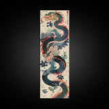Tall Skinny Art Japanese Style Wood Block Print Dynamic Dragon In Traditional Colors On A Cream Background For Framed Canvas Print