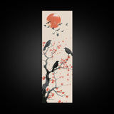 Crows On Bare Tree Branches Against Red Sun Skinny Art Wood Block Print Japanese Style Art Framed Canvas Print Tall Art Ukiyo-e Art