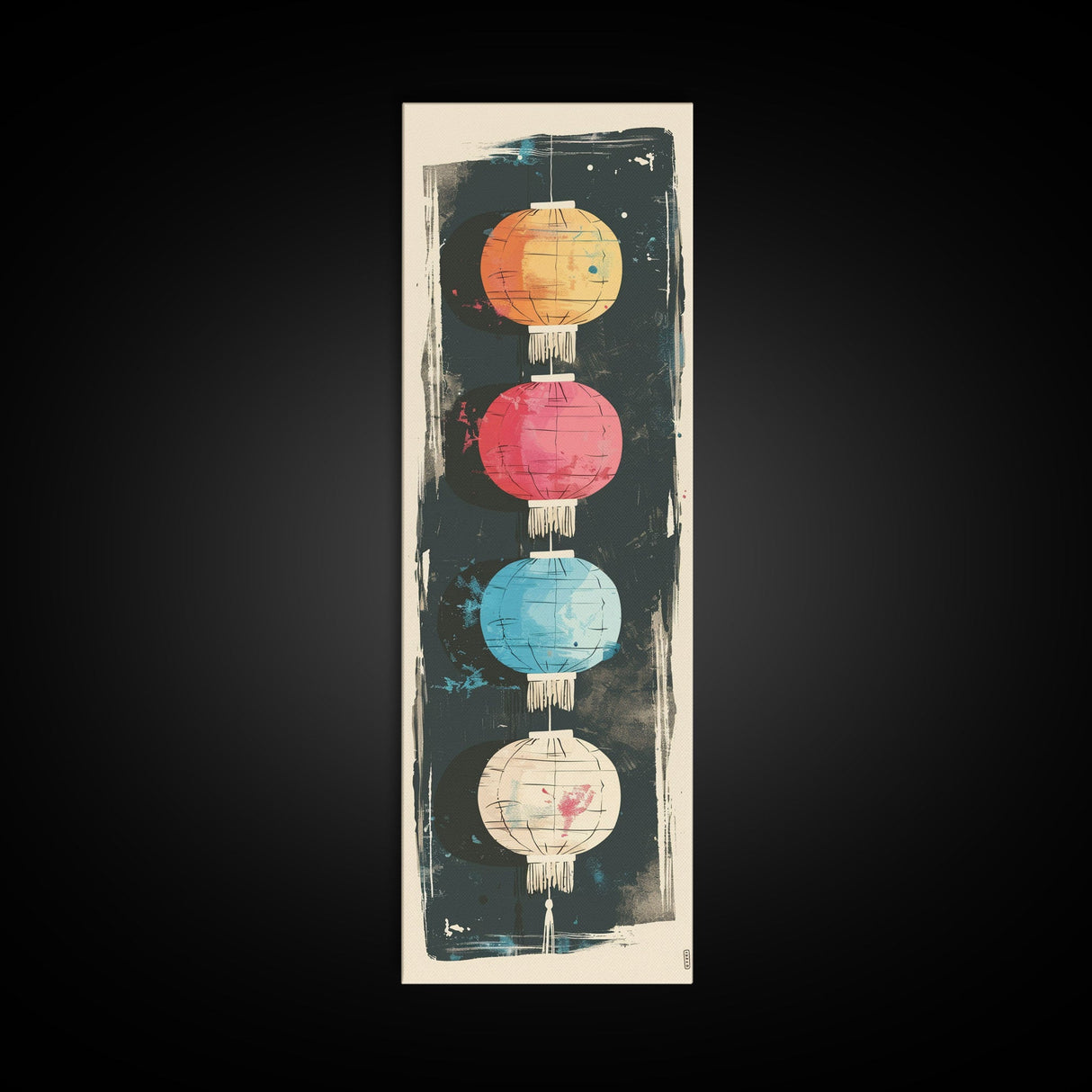 Colorful Lanterns Hanging in a Vertical Row with Abstract Background - Skinny Art, Japanese Wall Decor, Framed Canvas Print, Ukiyo-e Style