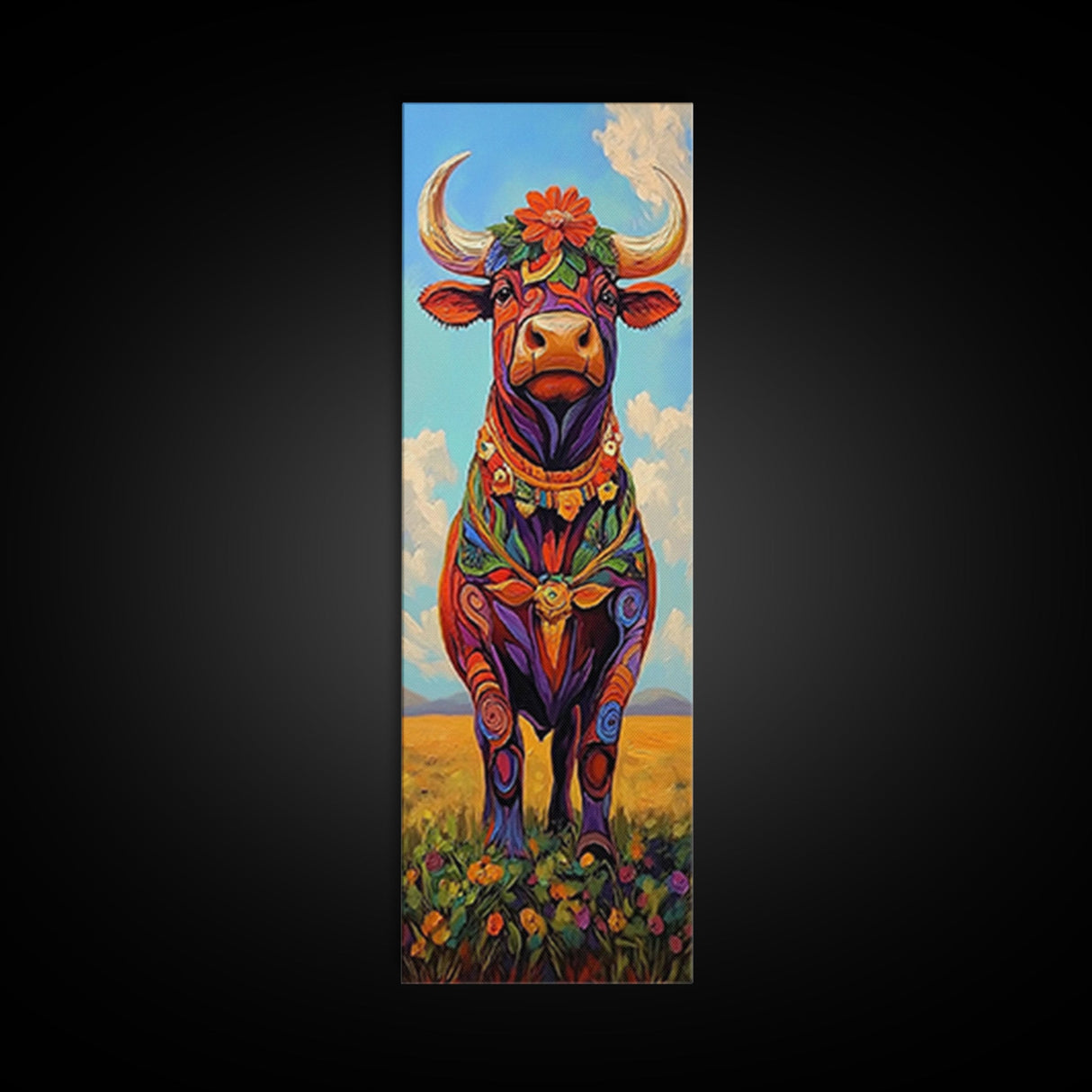 Colorful Cow Painting Framed Canvas Print Whimsical Art Rustic Decor Folk Art Southwest Wall Art Boho Art Gift Idea