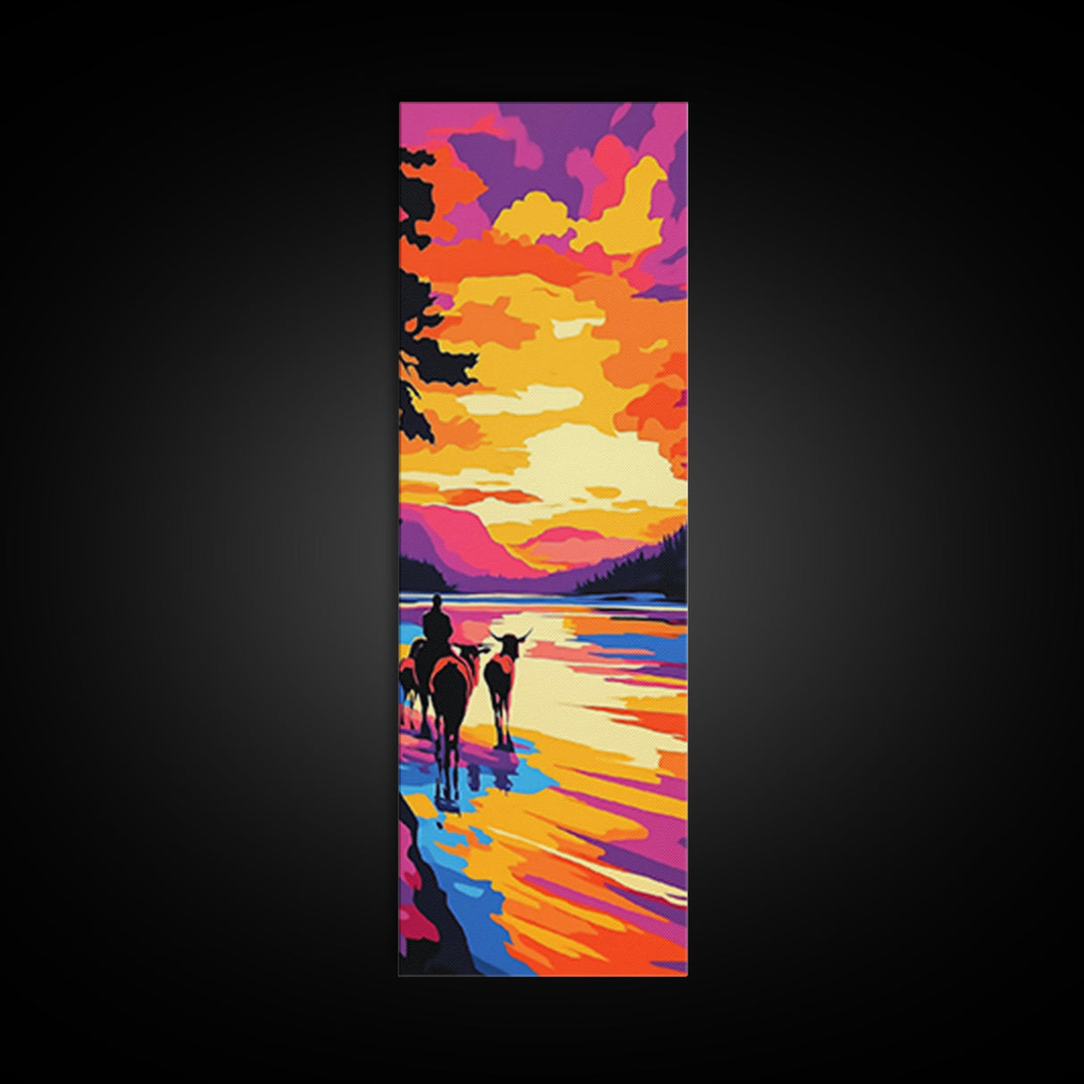 Sunset Cowboy Art Framed Canvas Print Vibrant Western Wall Art, Chicano Art, Colorful Wall Art, Southwest Wall Art, Extra Wide Art