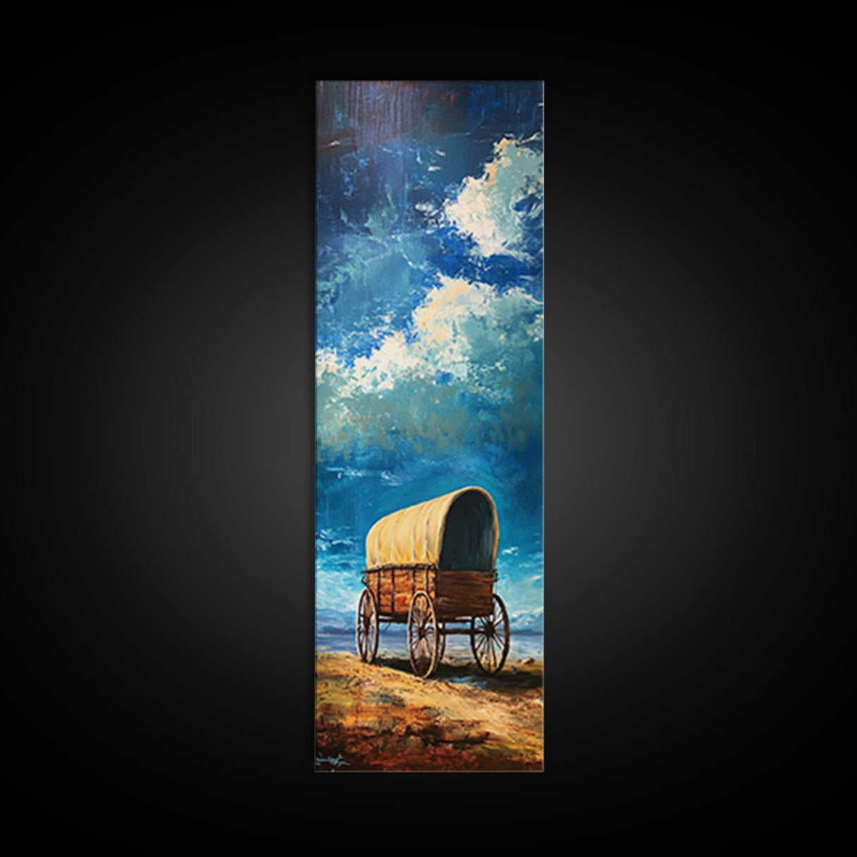 Vintage Covered Wagon Painting Framed Canvas Print, Rustic Wall Art, Farmhouse Art, Moody Art, Landscape Painting, Southwest Wall Art