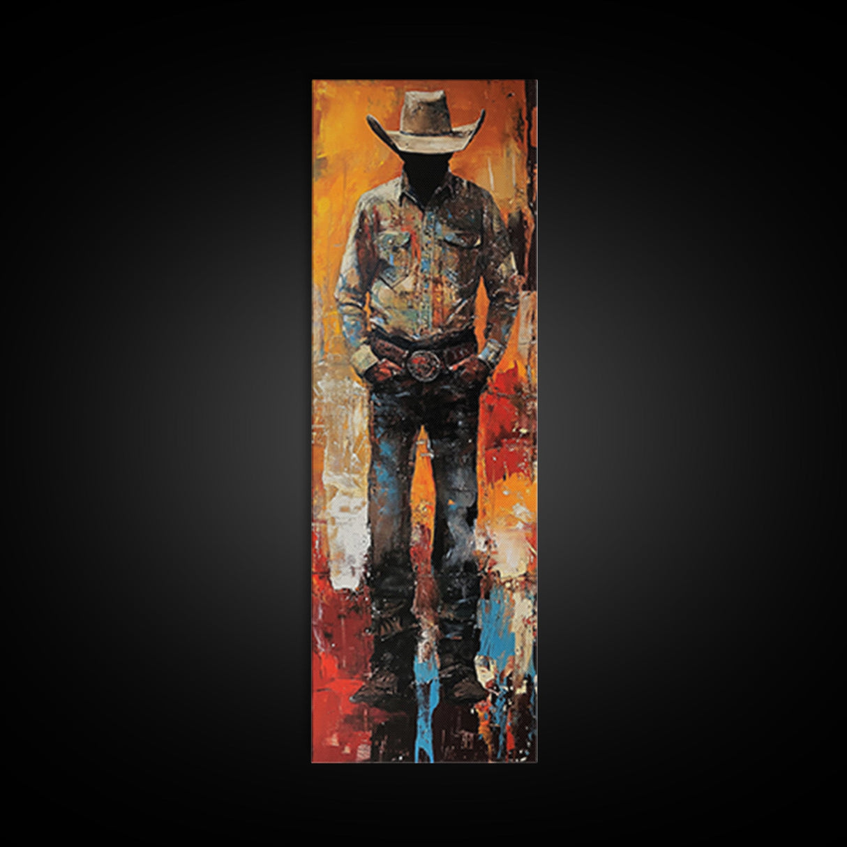 Lone Cowboy Sunset Framed Canvas Print southwest wall art extra wide art rustic wall art pink orange wall art bold decor cowboy art