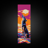Sunset Wolf Silhouette Framed Canvas Print pink orange wall art, tall skinny art, extra wide art, landscape painting, colorful wildlife art, whimsical art, Joshua tree art, southwest wall art