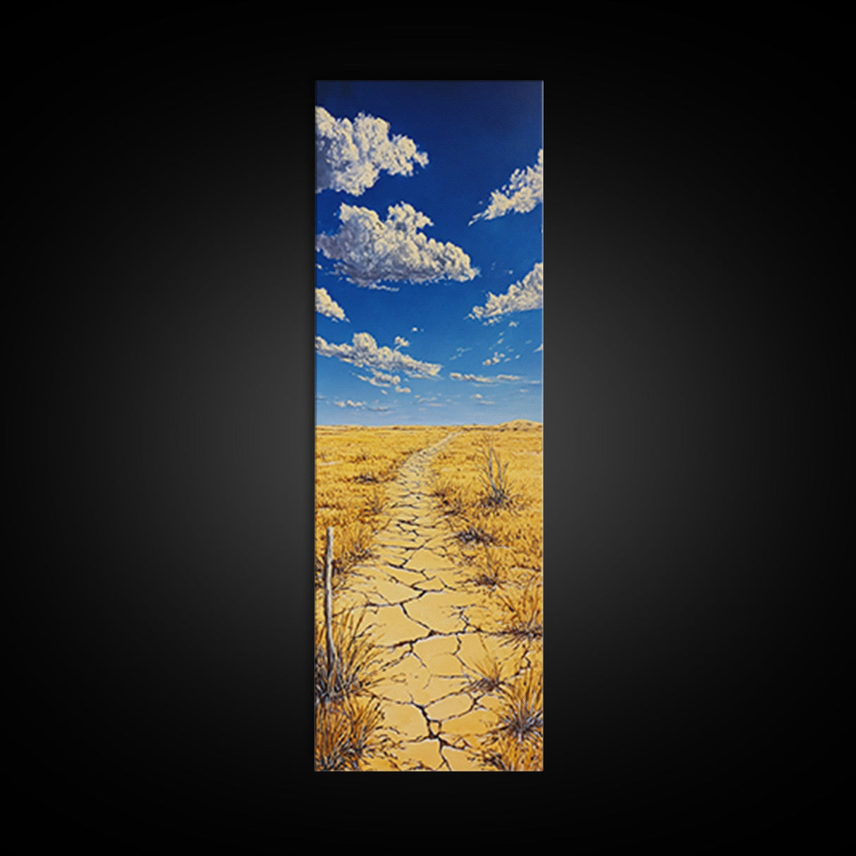Golden Prairie Trail Framed Canvas Print rustic wall art, southwest wall art, landscape painting, farmhouse art, extra wide art, panoramic painting, above sofa art, wabi sabi art, Joshua tree art