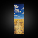 Golden Prairie Trail Framed Canvas Print rustic wall art, southwest wall art, landscape painting, farmhouse art, extra wide art, panoramic painting, above sofa art, wabi sabi art, Joshua tree art