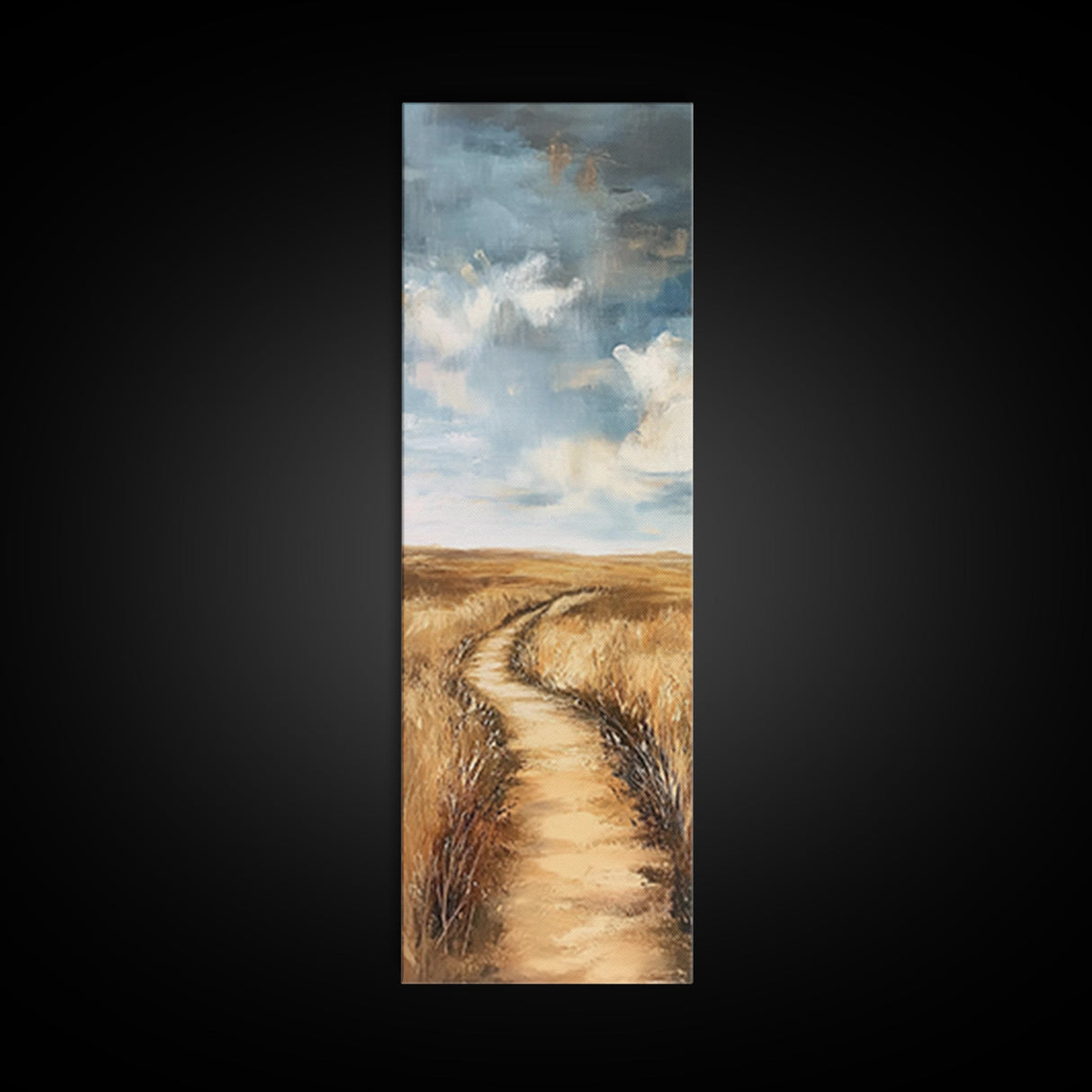 Serene Rural Path Framed Canvas Print landscape painting, farmhouse art, above couch art, rustic wall art, wabi sabi art, extra wide art, panoramic art, warm neutral wall art, barn landscape oil painting