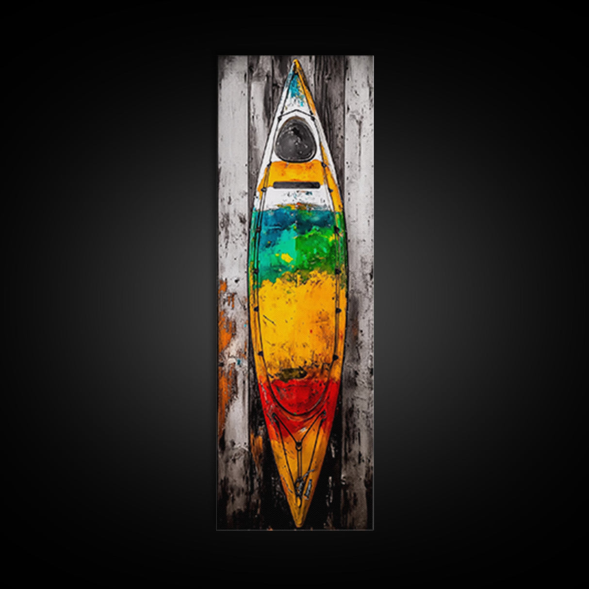 Vibrant Canoe Painting Canvas Print Coastal Landscape Art Nautical Decor Rustic Wall Art Living Room Art Tall Narrow Art