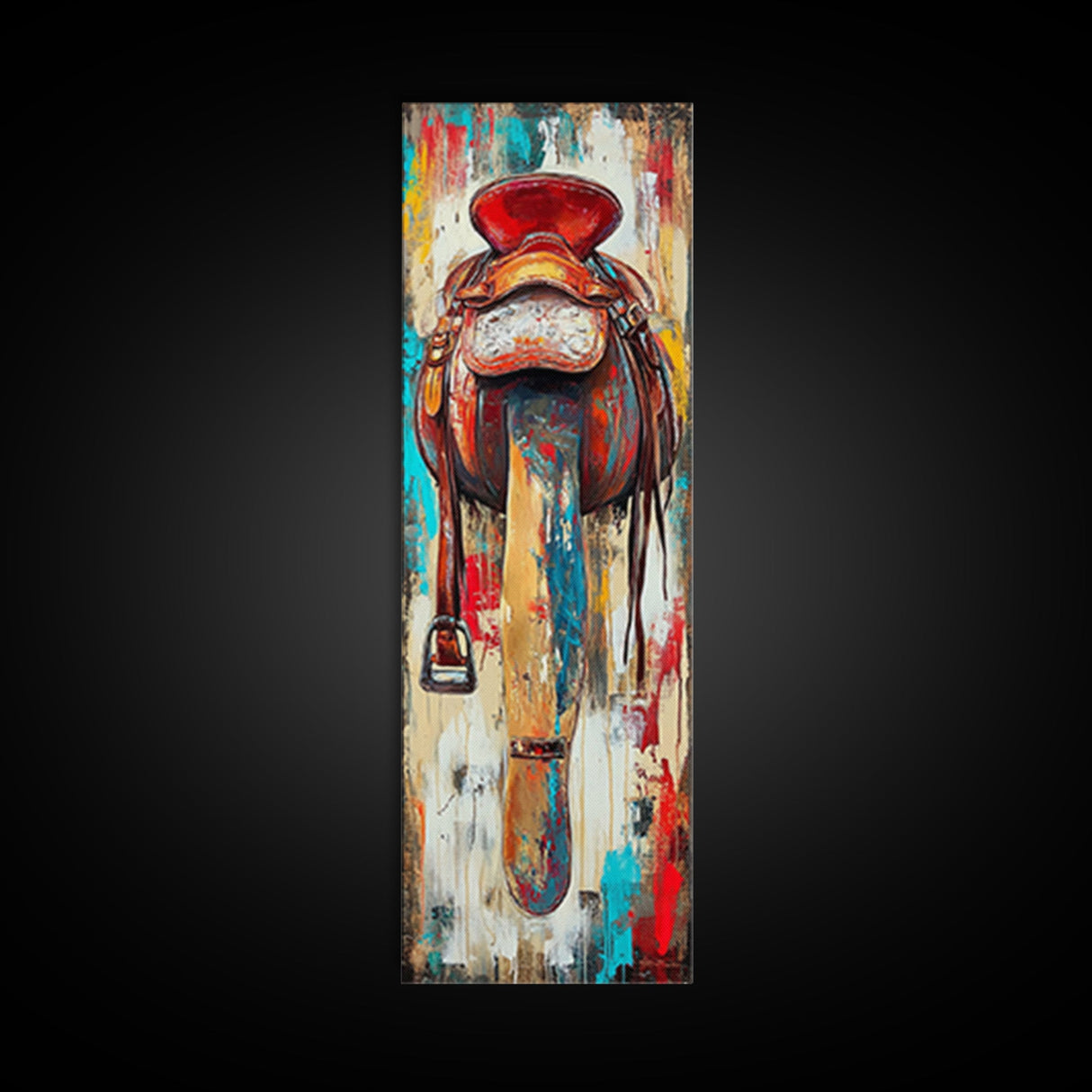 Rustic Saddle Painting Canvas Print Farmhouse Wall Art Moody Art Rustic Decor Southwest Wall Art Tall Narrow Art