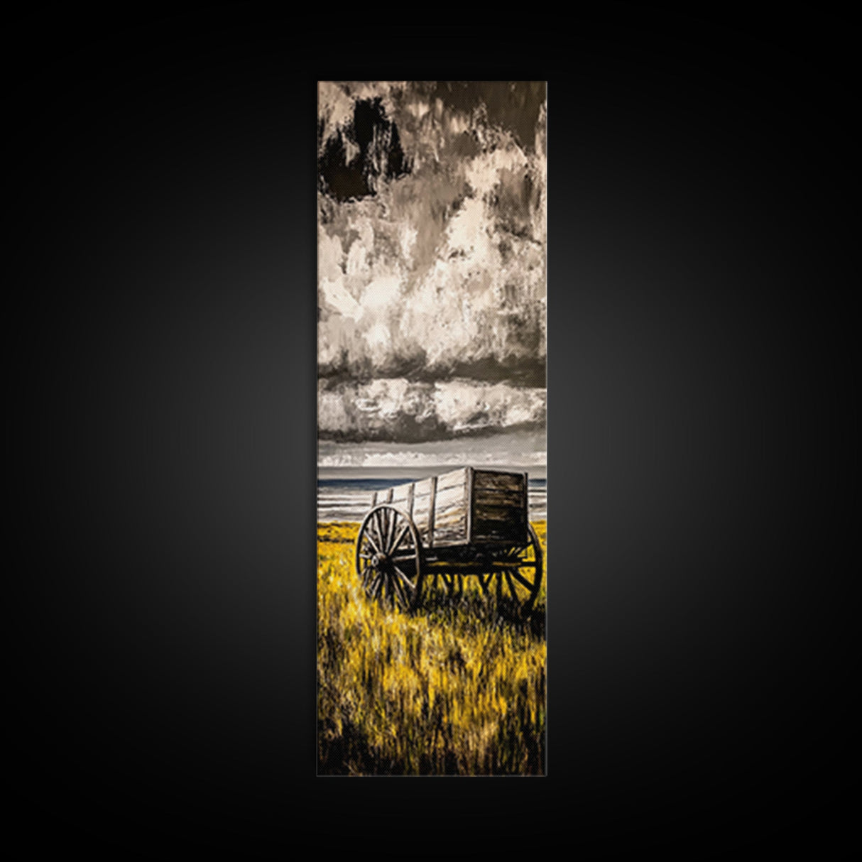 Black and White Wagon Canvas Print farmhouse art, rustic wall art, barn landscape oil painting, extra wide art, southwest wall art