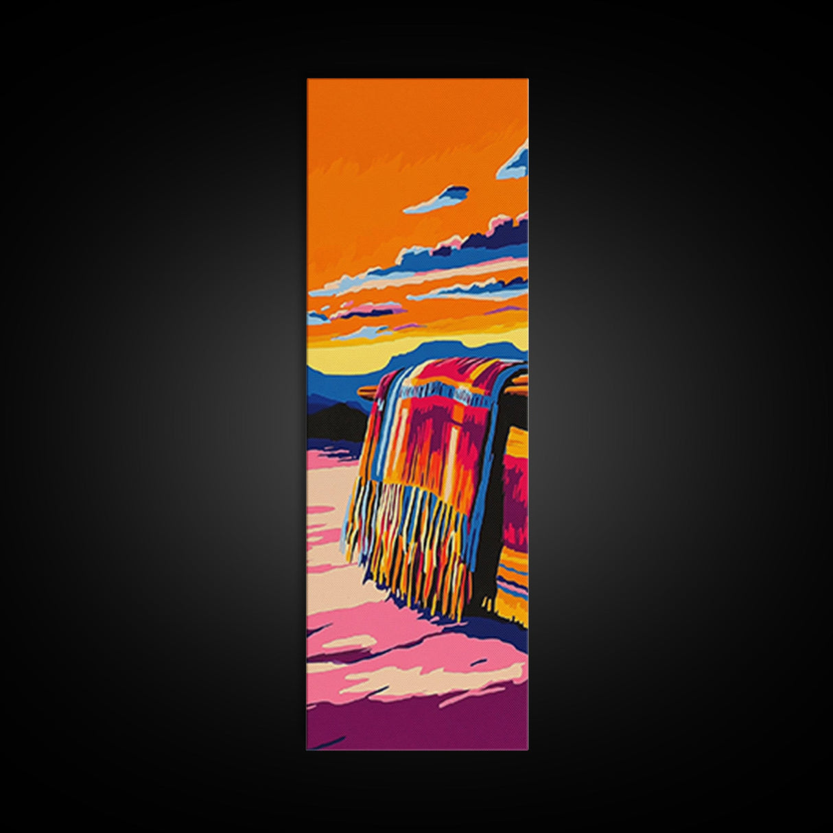 Boho Blanket at Sunset Framed Canvas Print southwest wall art warm sunset art boho art rustic decor gift idea for her