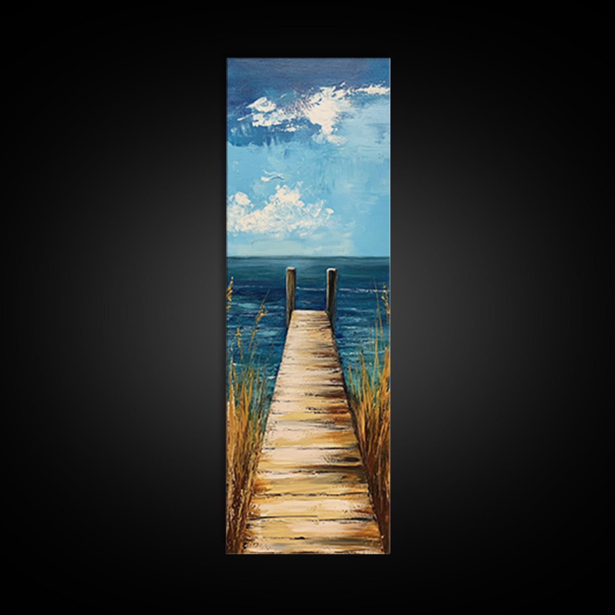 Coastal Dock Painting Framed Canvas Print, Nautical Decor, Coastal Landscape Art, Seascape Painting, Blue and Green Wall Art, Bedroom Art
