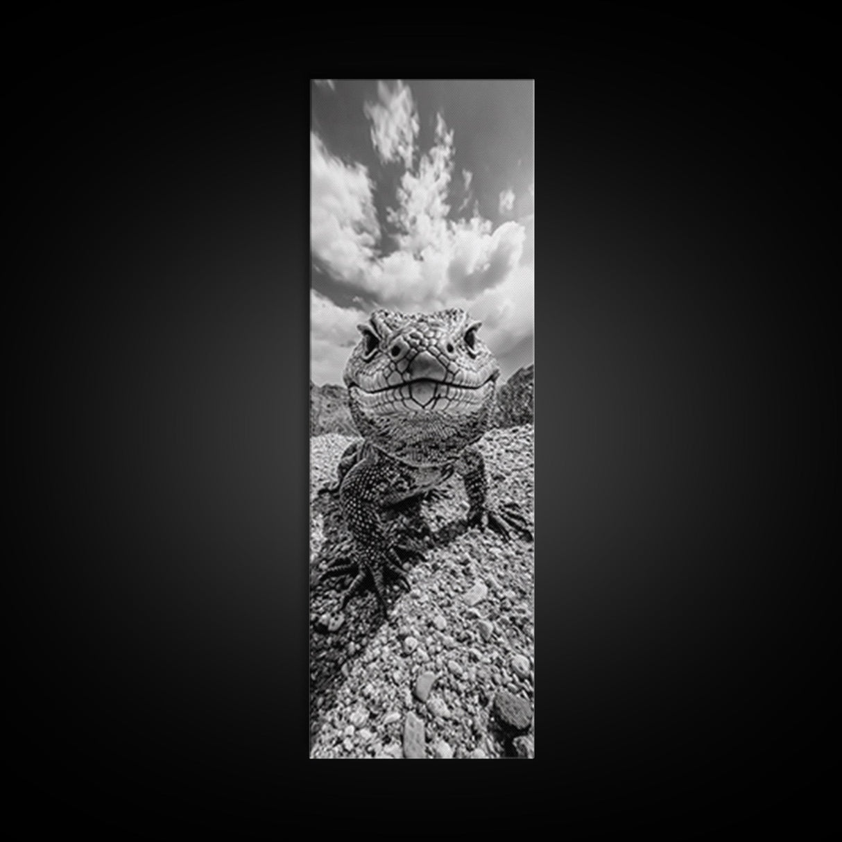 Lizard Close-Up, Framed Canvas Print, wildlife photography, rustic wall art, southwest wall art, desert animal art, black and white home decor