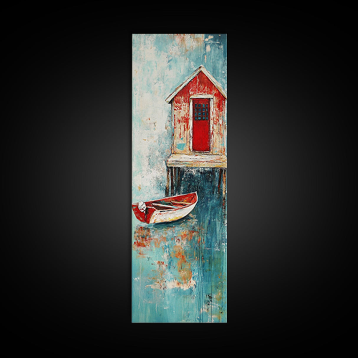 Red Boathouse Coastal Scene Framed Canvas Print | Nautical Decor | Seascape Painting | Rustic Wall Art | Coastal Painting