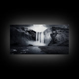 Powerful Waterfall Mist, nature wall art, moody art, mountain painting, black and white photography, dramatic landscape, framed canvas print