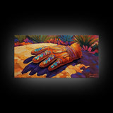 Embroidered Leather Glove, cowboy painting, rustic decor, western art, textured painting, colorful art, vibrant rustic scene, canvas print