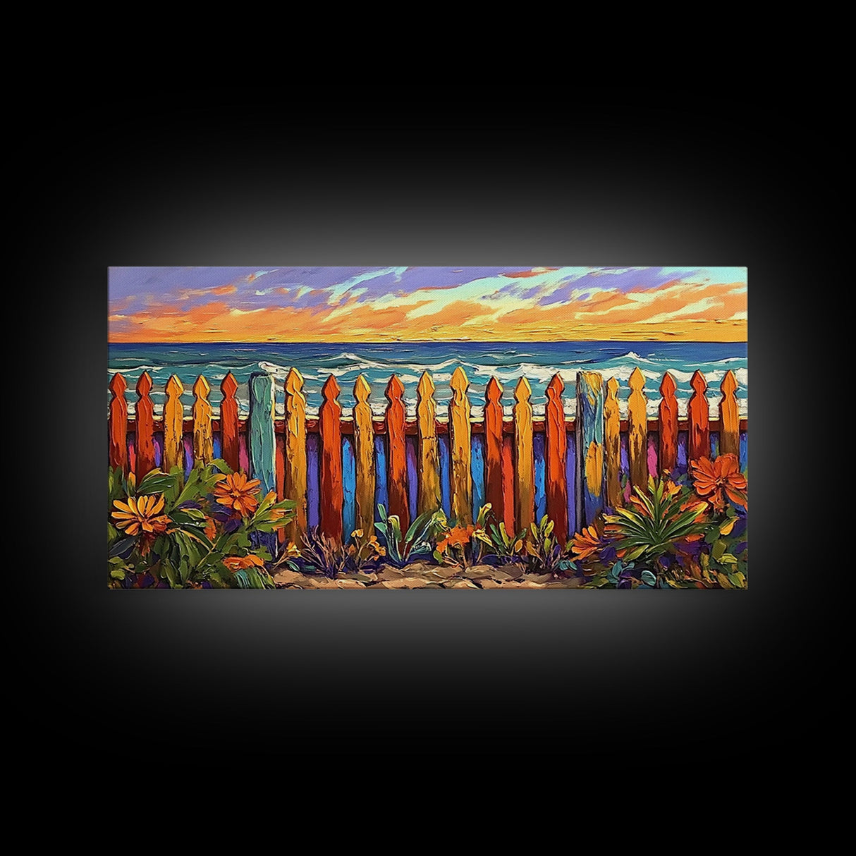 Vibrant Coastal Fence, beach decor, coastal landscape art, coastal wall art, nautical painting, extra wide art, framed canvas print