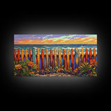 Vibrant Coastal Fence, beach decor, coastal landscape art, coastal wall art, nautical painting, extra wide art, framed canvas print