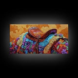 Western Saddle, cowboy art, rustic western decor, saddle painting, framed canvas print, boho art, extra wide art, gift idea him