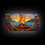 Campfire by Lake, bonfire painting, rustic wall art, mountain painting, framed canvas print, above sofa art, cozy night decor