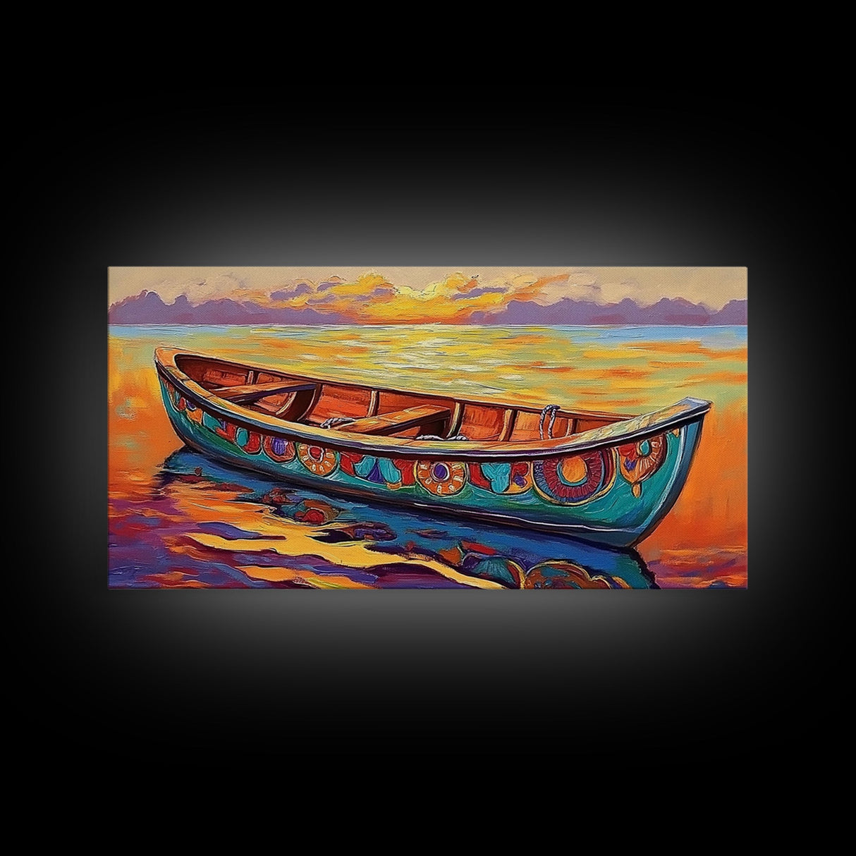 Sunset Canoe, seascape painting, coastal painting, nautical wall art, above sofa art, ocean decor, bright colors, Canvas Print