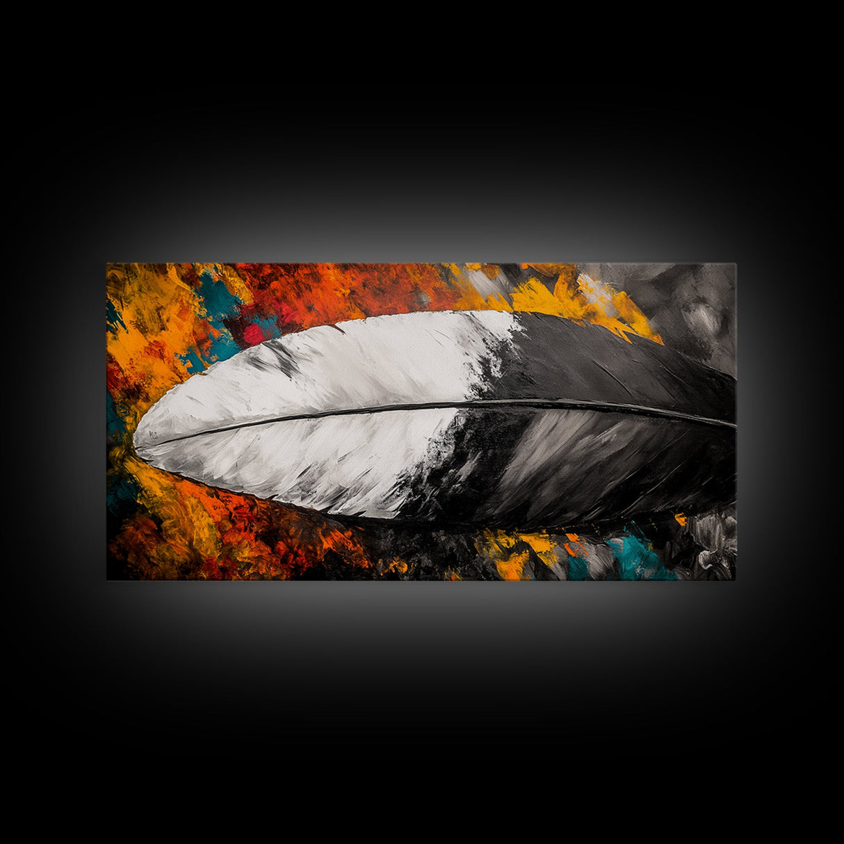 Feather Painting, whimsical art, black and white painting, abstract painting, moody art, colorful background, modern decor, Framed Canvas Print