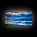 Ocean Waves, coastal decor, nautical painting, blue and green wall art, surf wall art, lake Tahoe art, Framed Canvas Print, panoramic art