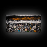 Pebble Beach, coastal landscape art, wabi sabi art, rustic decor, moody art, panoramic painting, seascape painting, Framed Canvas Print, zen art