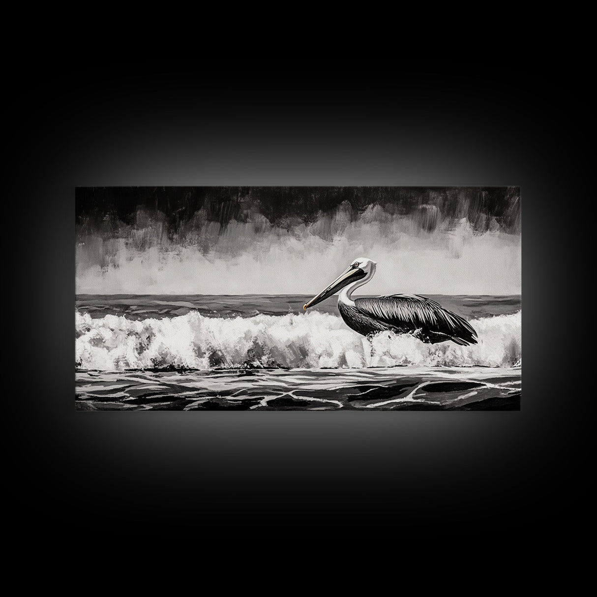 Pelican, coastal wall art, nautical painting, black and white art, seascape painting, ocean bird, Framed Canvas Print, beach decor