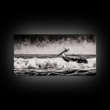 Pelican, coastal wall art, nautical painting, black and white art, seascape painting, ocean bird, Framed Canvas Print, beach decor