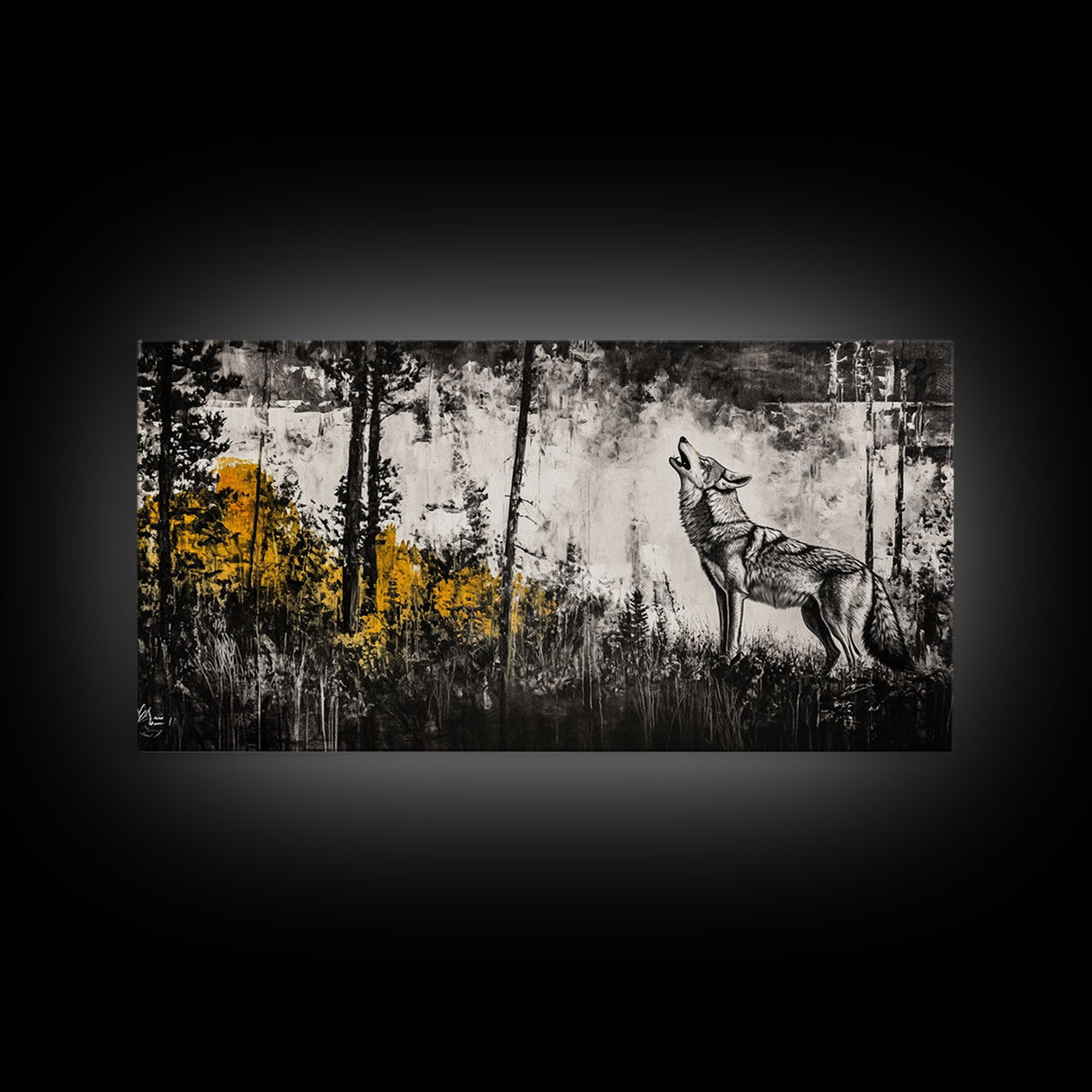 Howling Wolf, moody art, pine tree art, rustic wall art, forest at dusk painting, extra wide art, framed canvas print, southwestern art