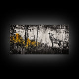 Howling Wolf, moody art, pine tree art, rustic wall art, forest at dusk painting, extra wide art, framed canvas print, southwestern art