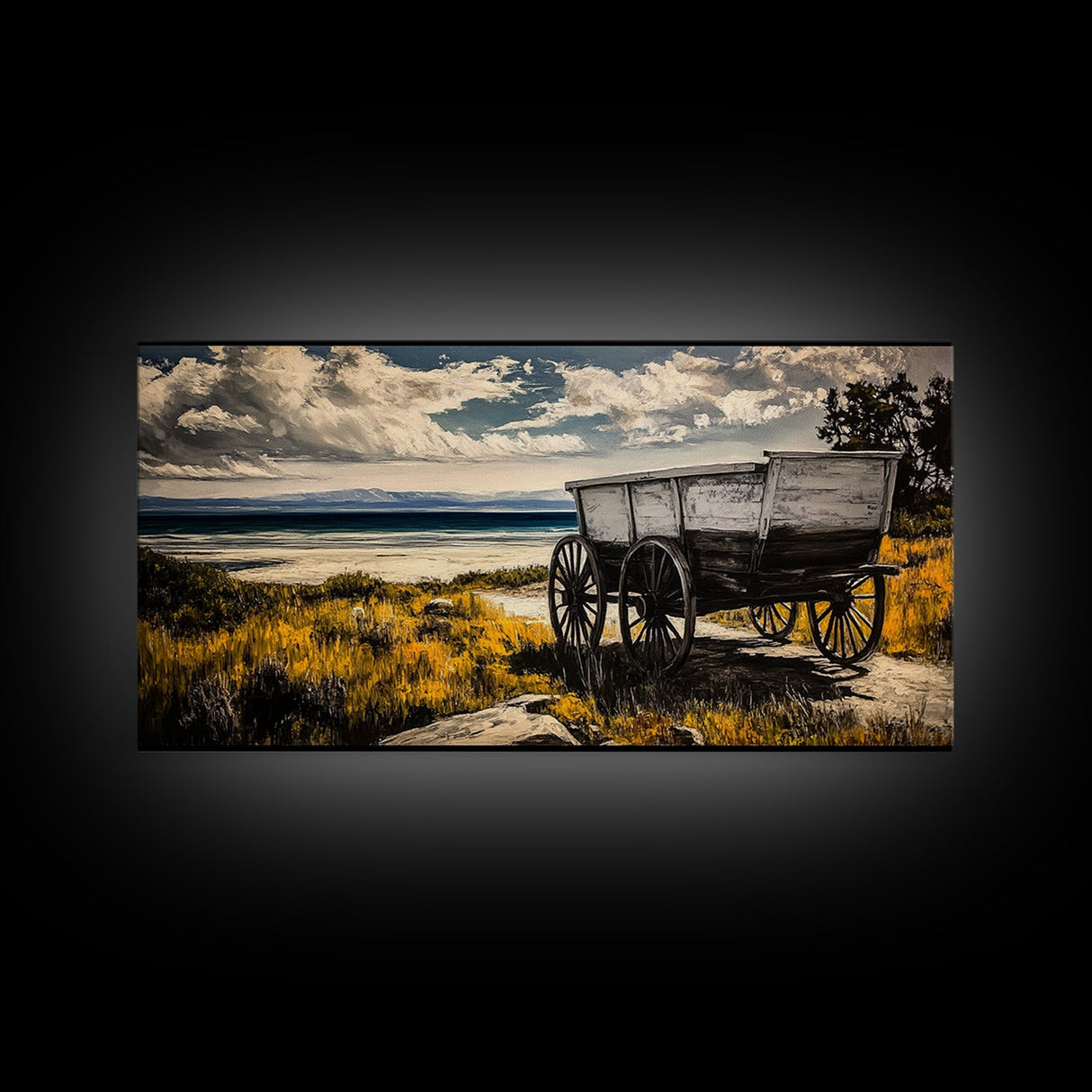 Seaside Wagon, coastal decor, nautical wall art, Maine oil painting, rustic wall art, landscape painting, extra wide art, framed canvas print