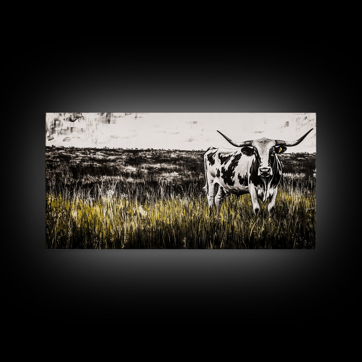 Longhorn Cattle, rustic wall art, farmhouse art, black cowgirl painting, extra wide art, framed canvas print, panoramic painting