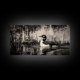 Loon Bird Art, Black and White Painting, Wildlife Wall Art, Rustic Decor, Framed Canvas Print, Lake House Art, Nature Lover Gift