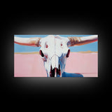 Bull Skull Painting, Southwest Wall Art, Pink and Blue Art, Rustic Western Decor, Framed Canvas Print, Extra Wide Art, Boho Art