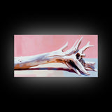 Driftwood, wabi sabi art, rustic decor, framed canvas print, minimalistic art, light pink wall art, extra wide art, boho art