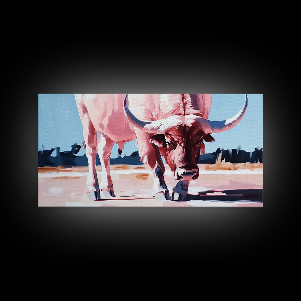 Texas Longhorn, rustic decor, bull and bear art, southwest wall art, pink orange wall art, extra wide art, framed canvas print