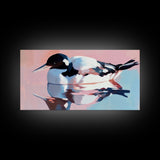 Waterfowl Reflection, bird art, lake Tahoe art, coastal painting, wildlife decor, pink orange wall art, framed canvas print