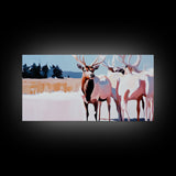 Elk in Snow, deer drinking water in forest painting, wildlife art, moody painting, rustic decor, landscape painting, canvas print