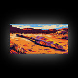 Fallen Arrow, rustic wall art, cowboy painting, southwest wall art, desert landscape, panoramic art, Framed Canvas Print, farmhouse decor, bold