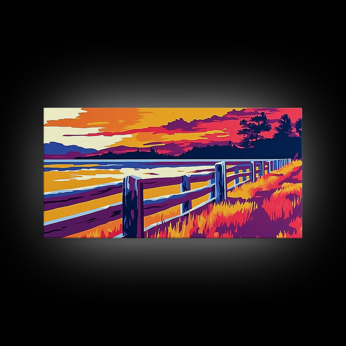 Western Fence, rustic wall art, landscape painting, panoramic art, extra wide art, farmhouse decor, scenic art, Framed Canvas Print, gift idea