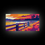 Western Fence, rustic wall art, landscape painting, panoramic art, extra wide art, farmhouse decor, scenic art, Framed Canvas Print, gift idea