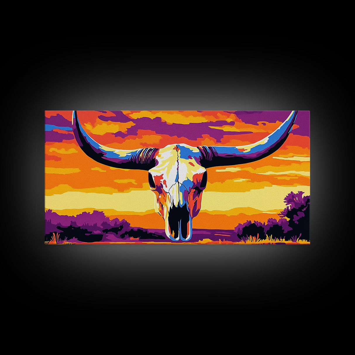 Skull, bull, desert art, cowboy decor, boho wall art, moody sunset, extra wide art, rustic decor, framed canvas print