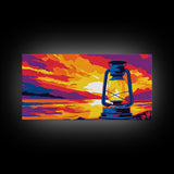 Lantern, rustic, western glow, vintage camping, cowboy night, scenic sunset, farmhouse wall art, extra wide art, canvas print