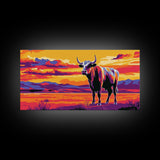 Bull, cattle, western ranch, cowboy lifestyle, moody colors, rustic home decor, scenic landscape, extra wide art, canvas print