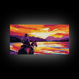 Cowboy on horseback, western silhouette, river sunset, rustic art, moody landscape, extra wide painting, vintage western, framed canvas print