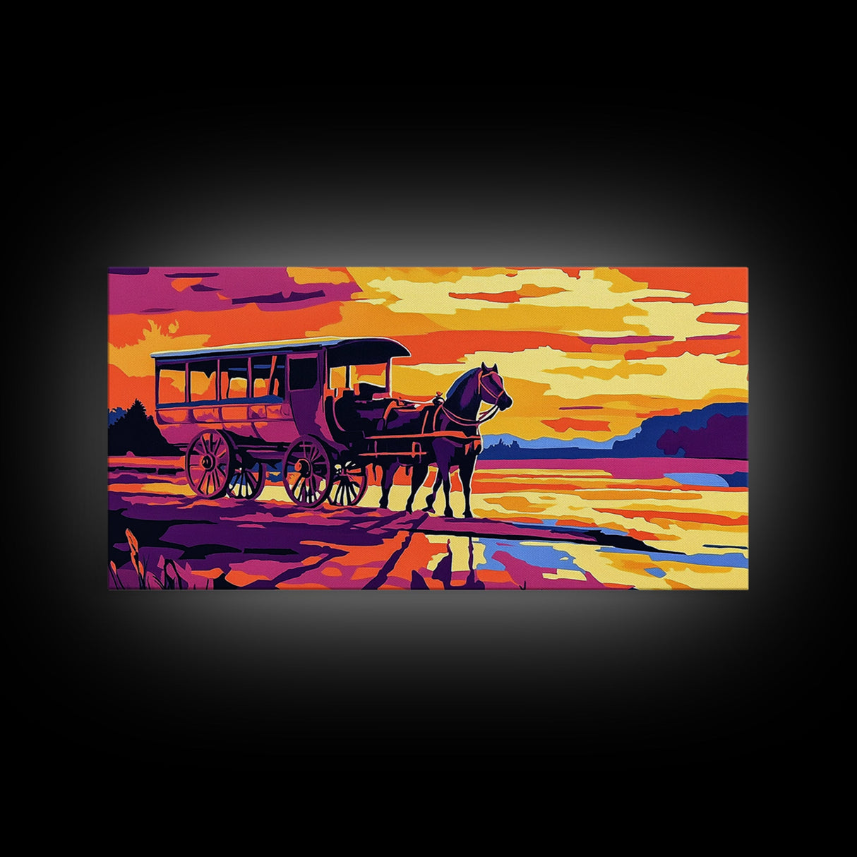Horse carriage, old west, sunset scene, rustic western art, nostalgic painting, moody colors, extra wide wall art, canvas print